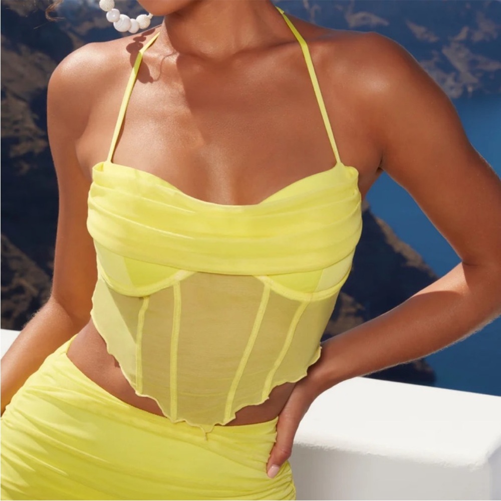 Oh Polly Neon Yellow Sheer Corset Crop Top